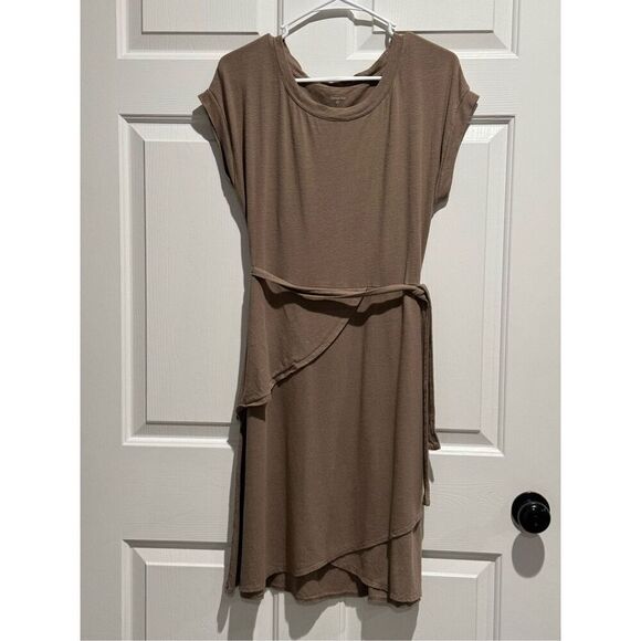 Garnet Hill Taupe Linen Blend Faux Wrap Short Sleeve Shirt Dress Size XS - Picture 1 of 12